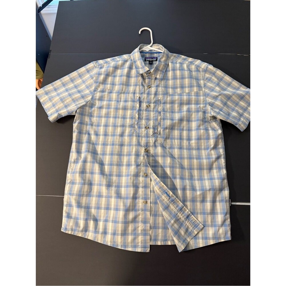 Patagonia Light Blue and Cream Plaid Short-Sleeve Button-Down Shirt